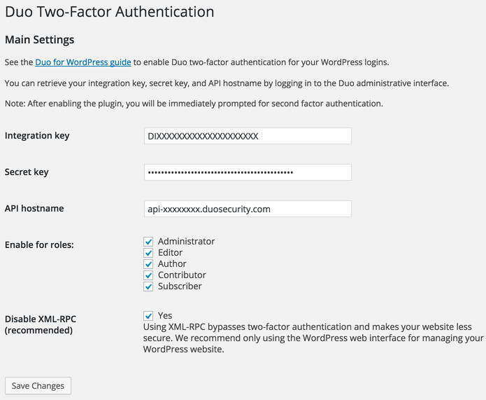 Duo Two-Factor Authentication plugin settings
