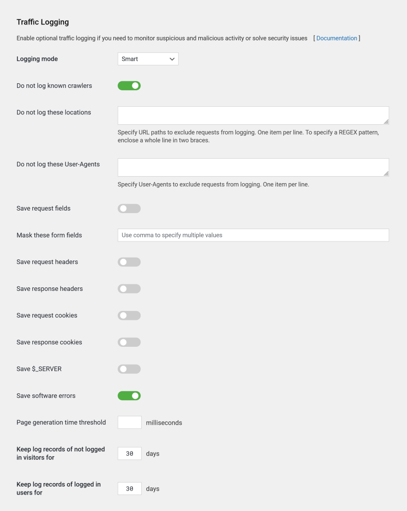 WordPress TI Log Settings Recommended