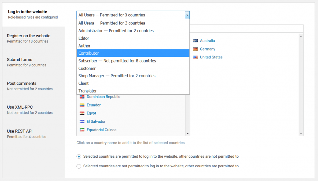 WordPress geo country access policies