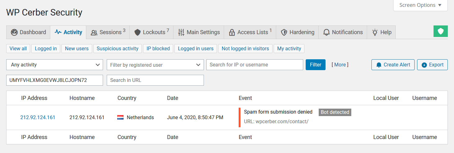 Using Request ID on the Activity log to find out that the request was blocked by the WP Cerber's anti-spam for WordPress