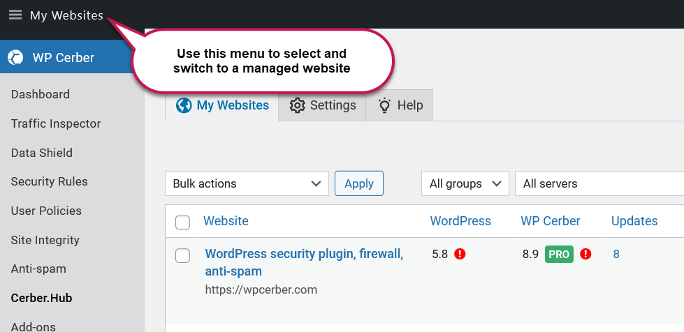 Switching between managed websites on Cerber.Hub