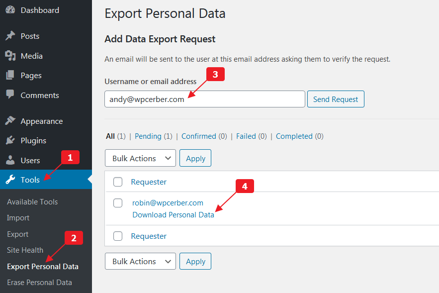 Esporta dati personali GDPR WordPress