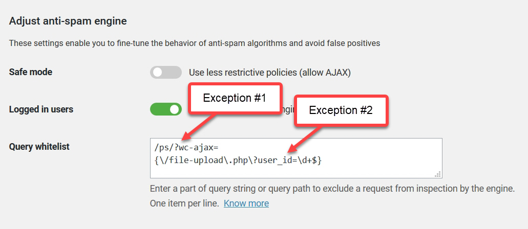 Anti-spam for WordPress exceptions